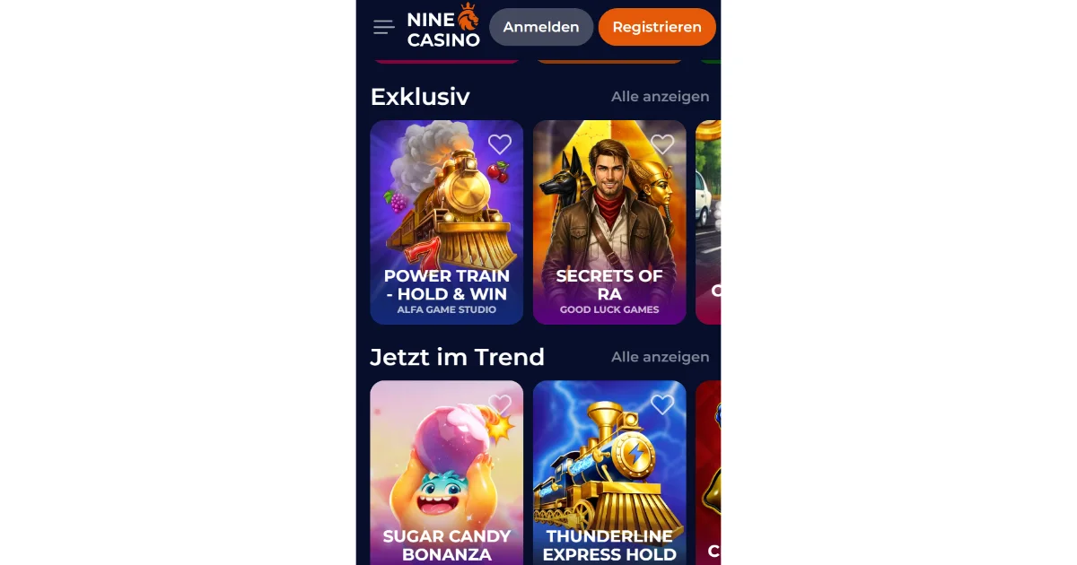 Spielauswahl bei NineCasino im mobilen Browser