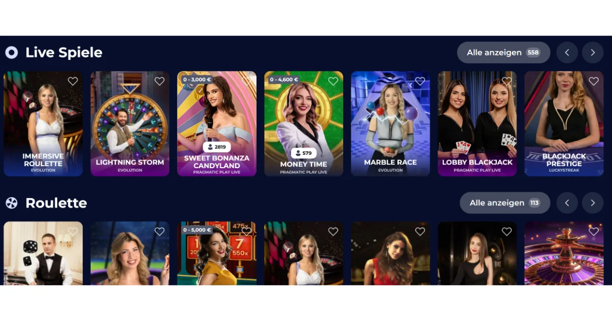 Casino-Lobby mit Kategorien und Spielkarten