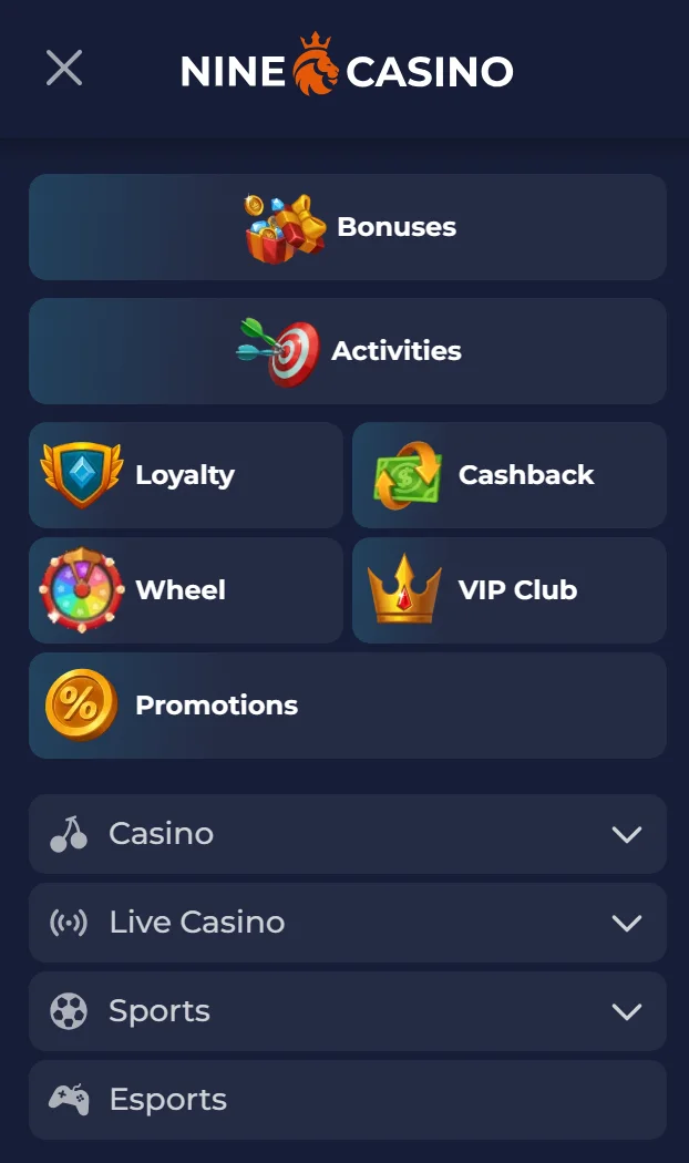 NineCasino mobile casino and sportsbook interface