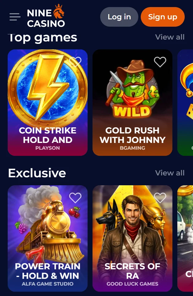 NineCasino mobile casino game categories