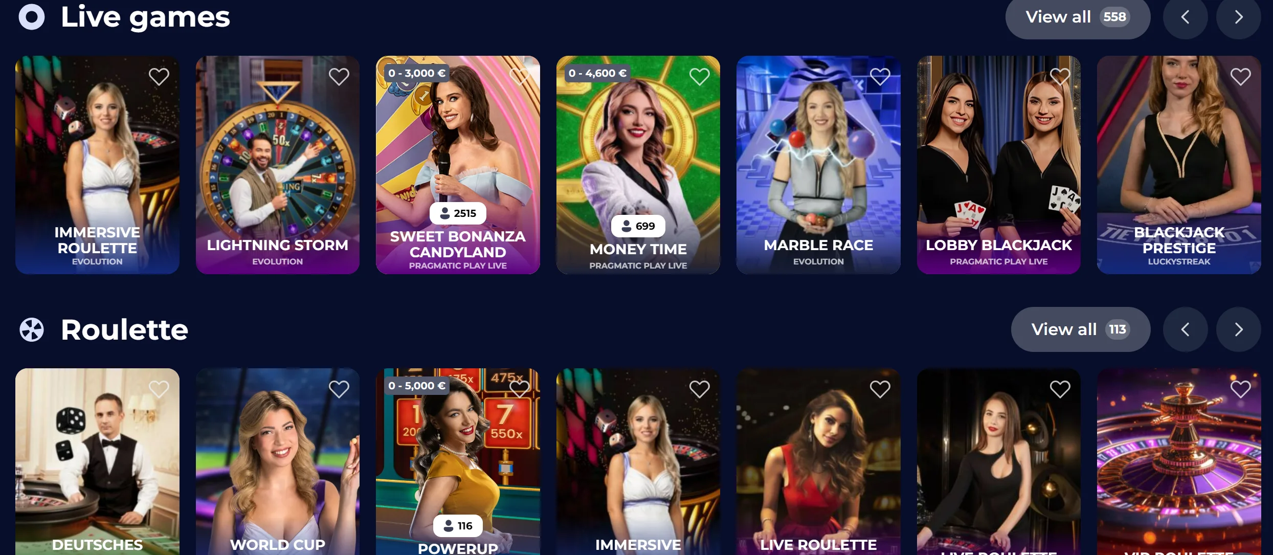NineCasino game lobby with casino categories