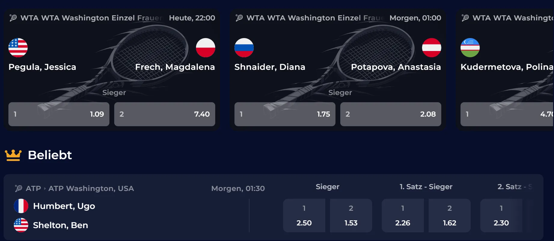 Auswahl verfügbarer Sportarten bei NineCasino Sportwetten