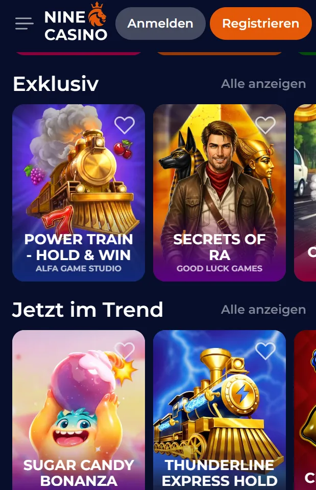 Mobile Casinoansicht mit Slots, Live-Casino und Spielkategorien