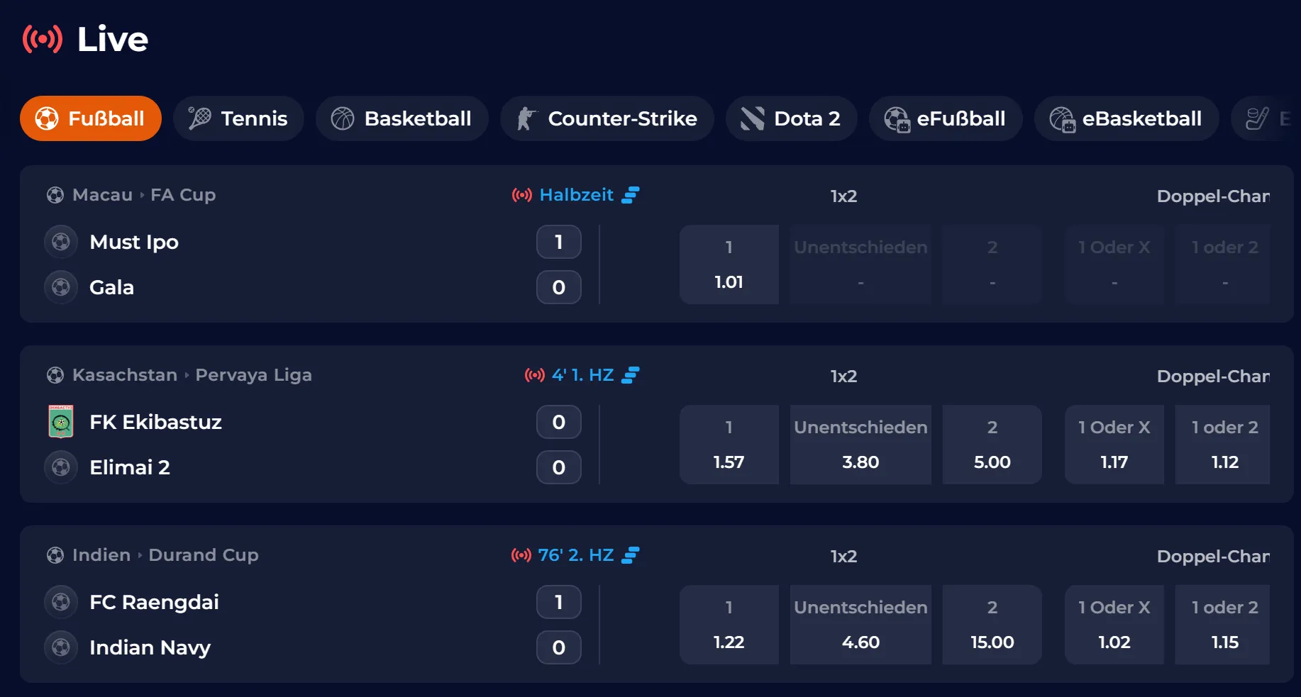 Live-Wetten und Quoten bei NineCasino Sportwetten