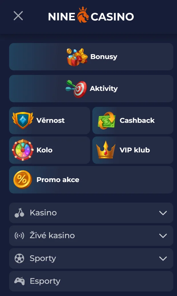 Mobilní web NineCasino v tmavém rozhraní