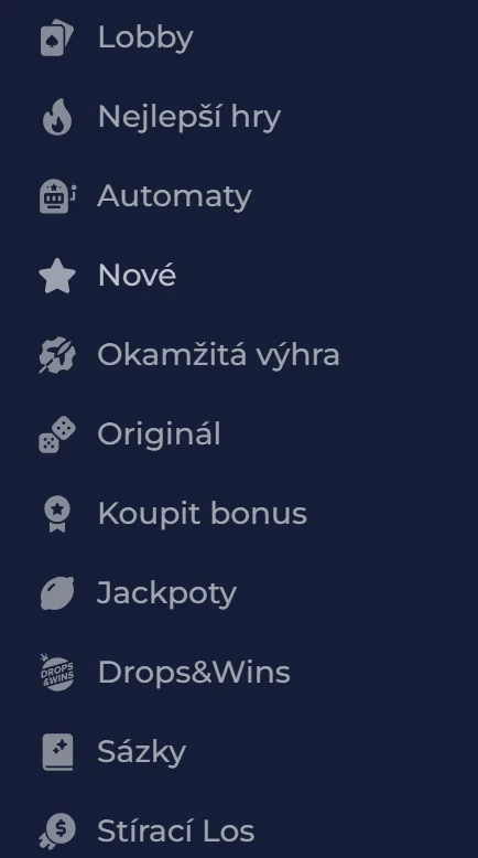 Rozhraní NineCasino s kategoriemi kasinových her