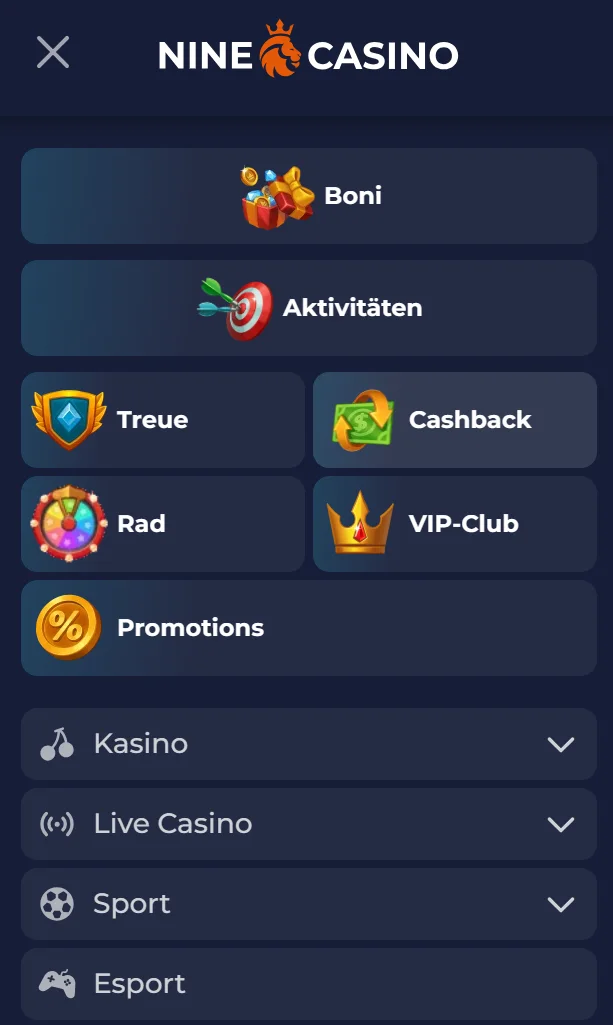 Mobile Browseransicht mit Spiel- und Sportbereichen bei NineCasino