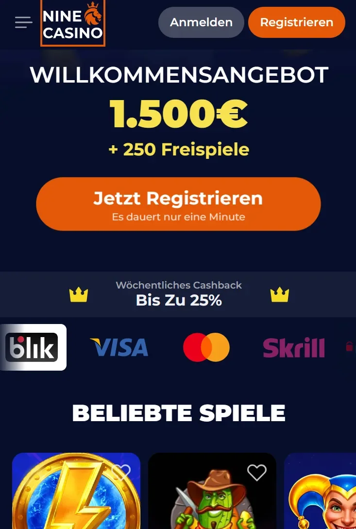 Mobile Nutzung von NineCasino