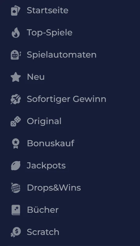 Übersicht der Spielbereiche bei NineCasino