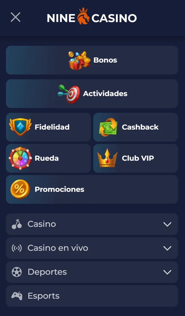 Vista móvil del sitio web de NineCasino