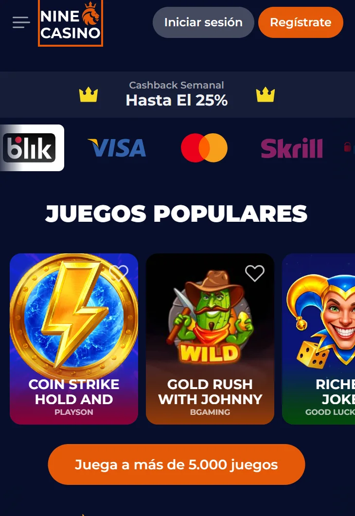 Experiencia móvil de NineCasino