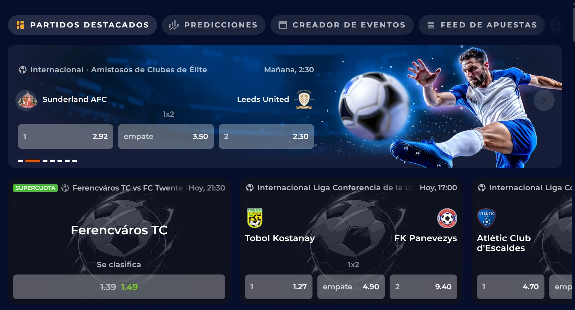 Panel de apuestas deportivas de NineCasino con cuotas