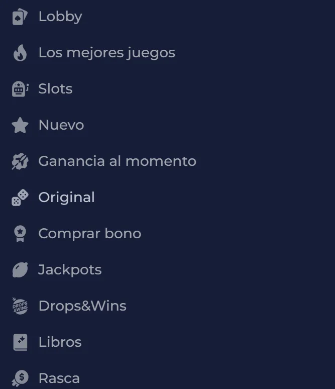 Catálogo de juegos y casino en vivo