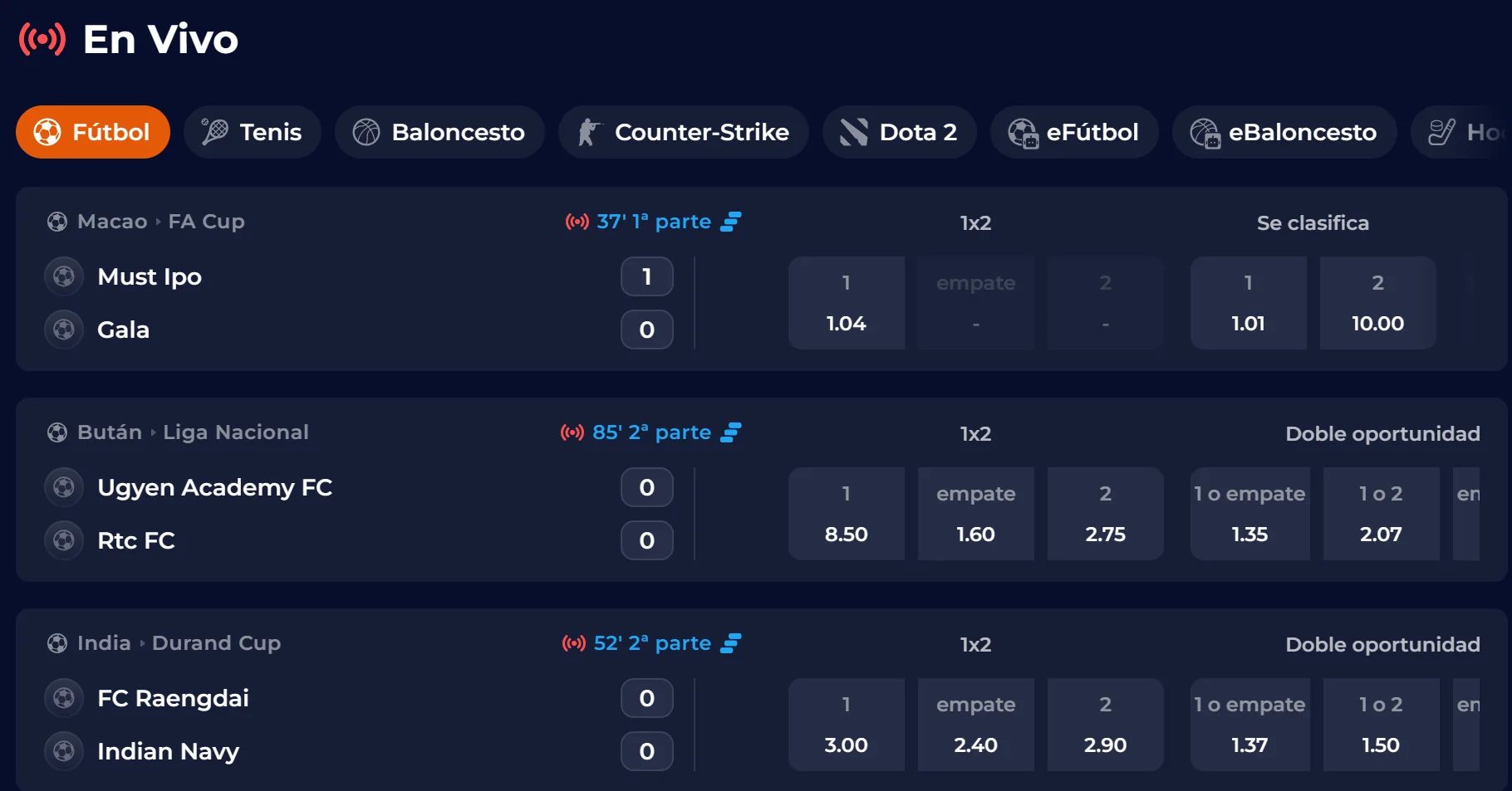 Apuestas deportivas en directo con cuotas actualizadas
