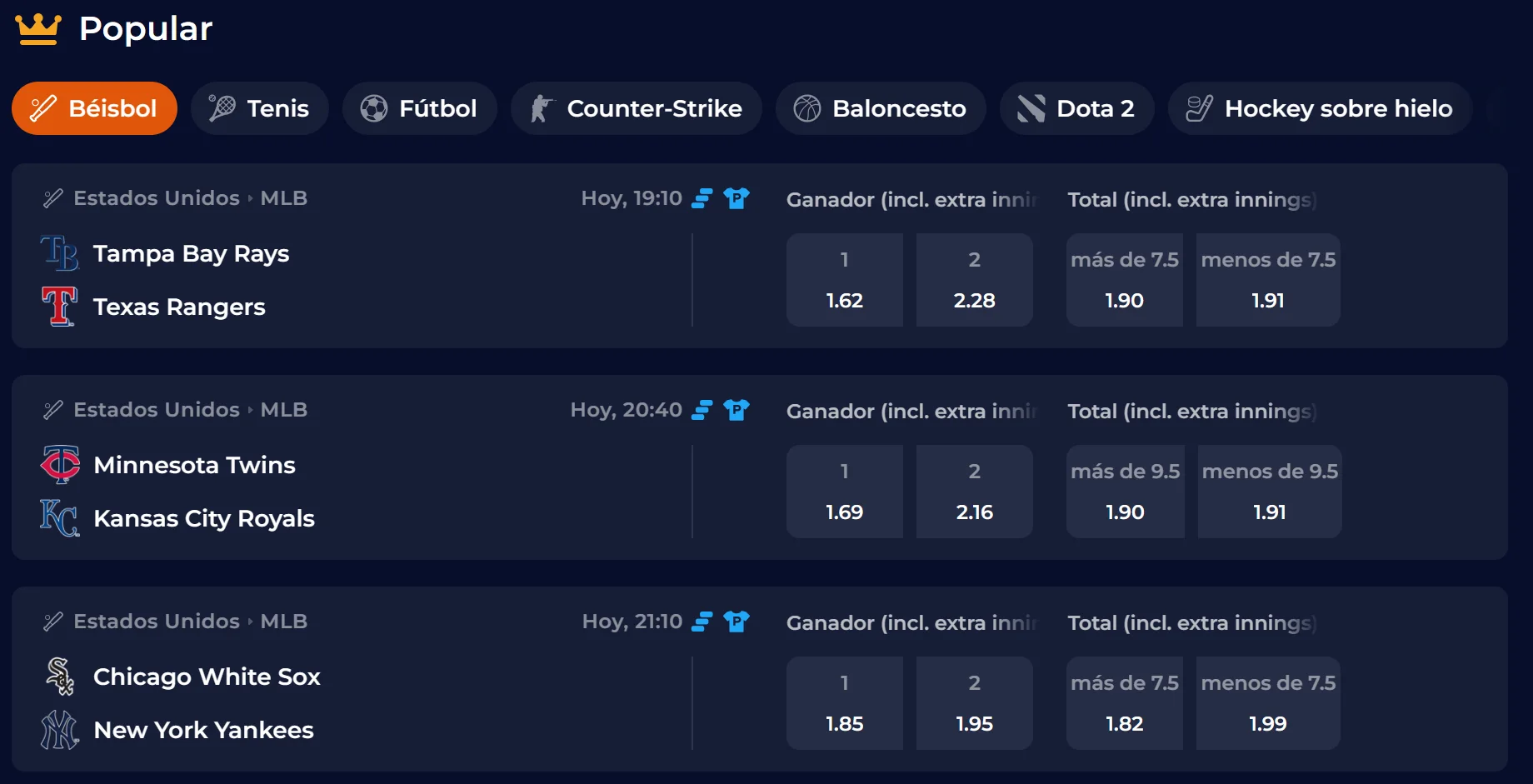 Deportes y mercados disponibles en NineCasino