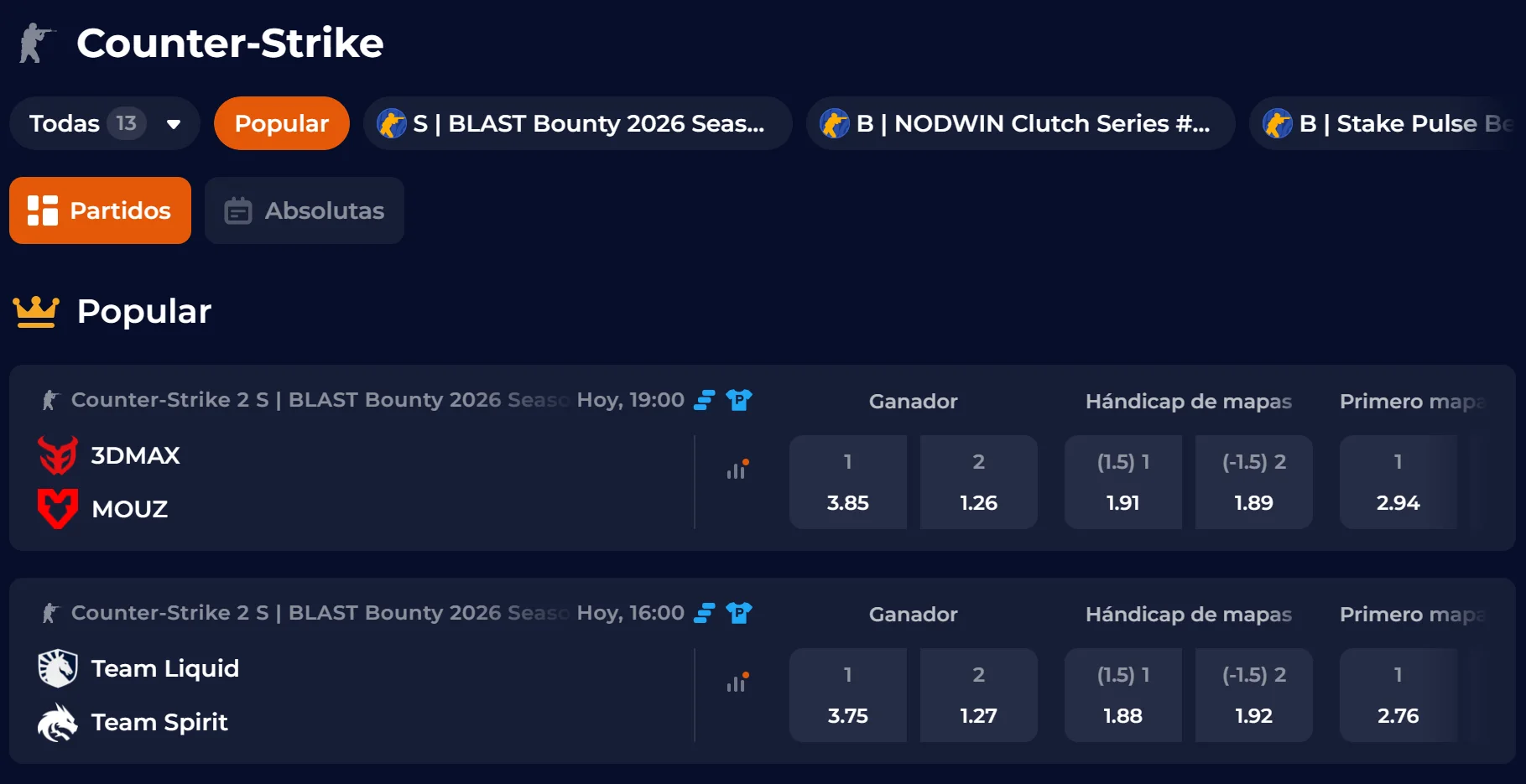 Selección de esports para apuestas en NineCasino