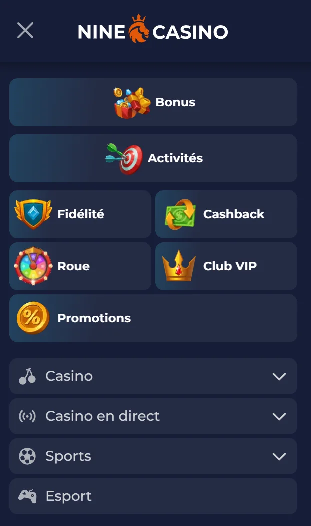Aperçu de l’accès mobile via navigateur NineCasino