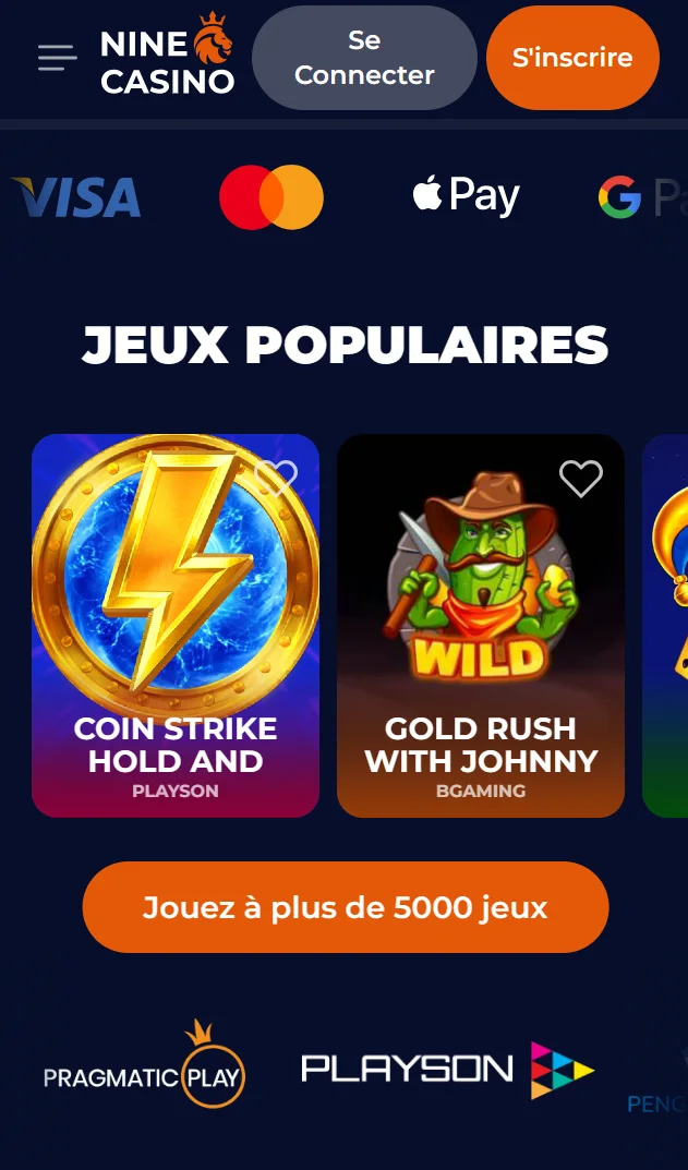 Accès mobile à NineCasino