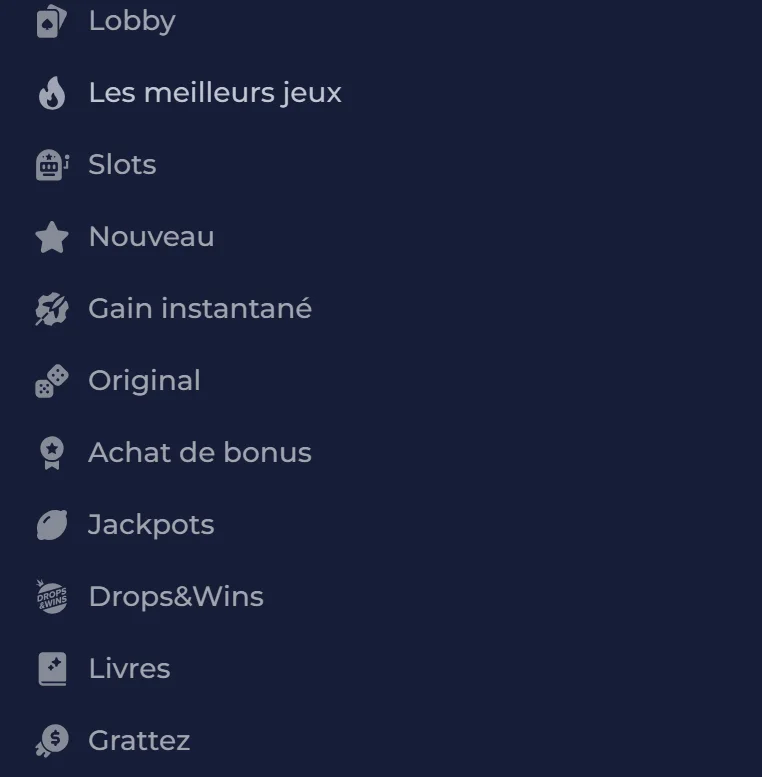 Interface de jeux NineCasino avec catégories de casino