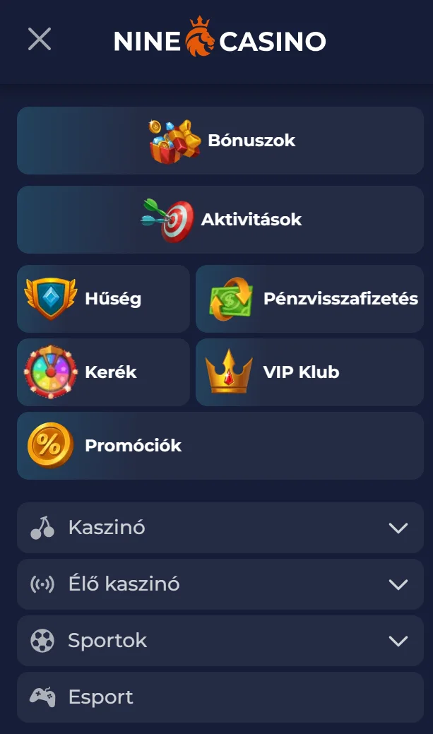 NineCasino mobilfelület sötétkék narancs kialakítással