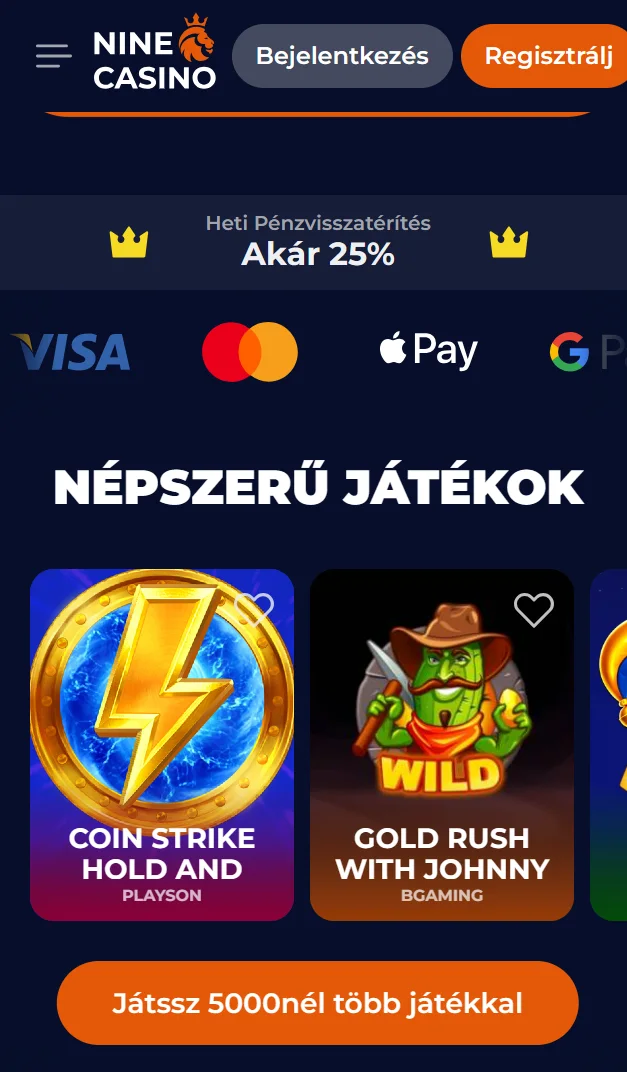 NineCasino mobil böngészős hozzáférés