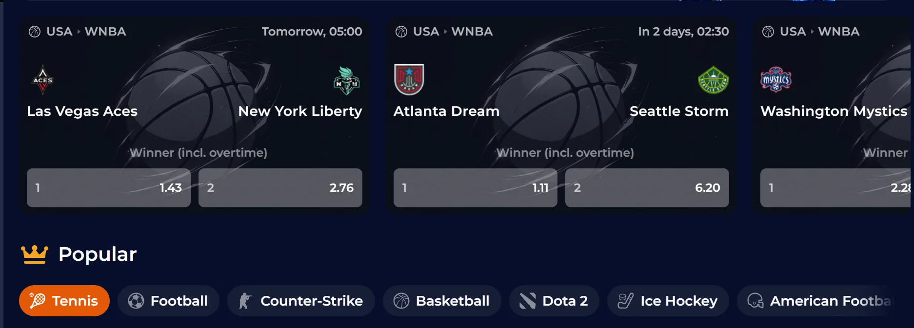 Sportsbook event list with available betting odds