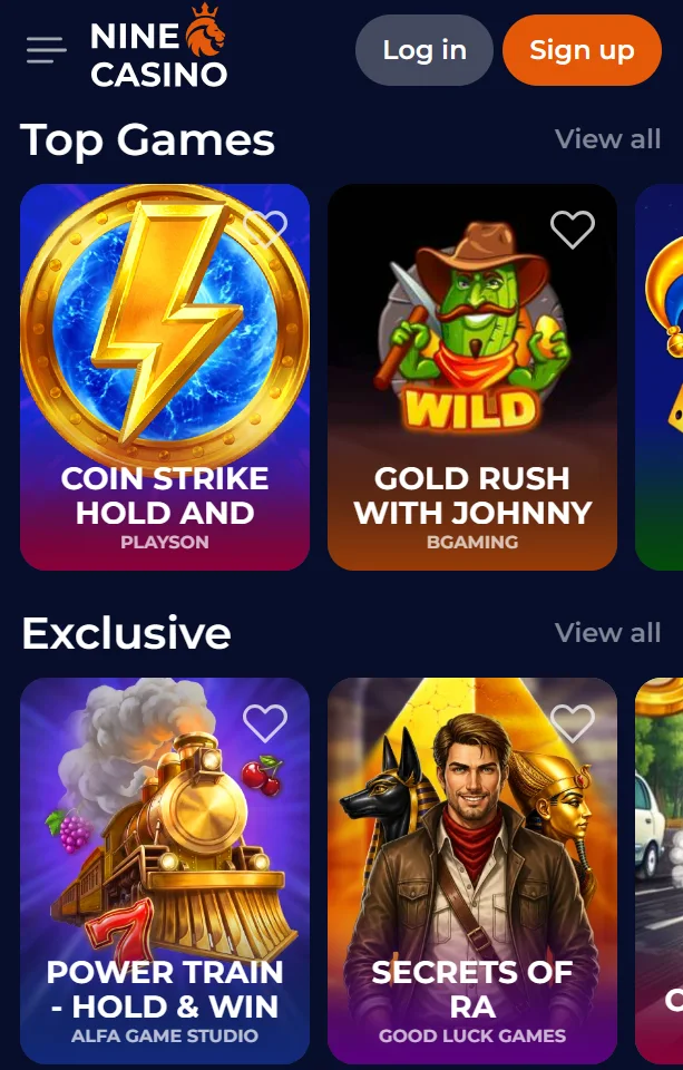 NineCasino mobile website showing casino games and navigation
