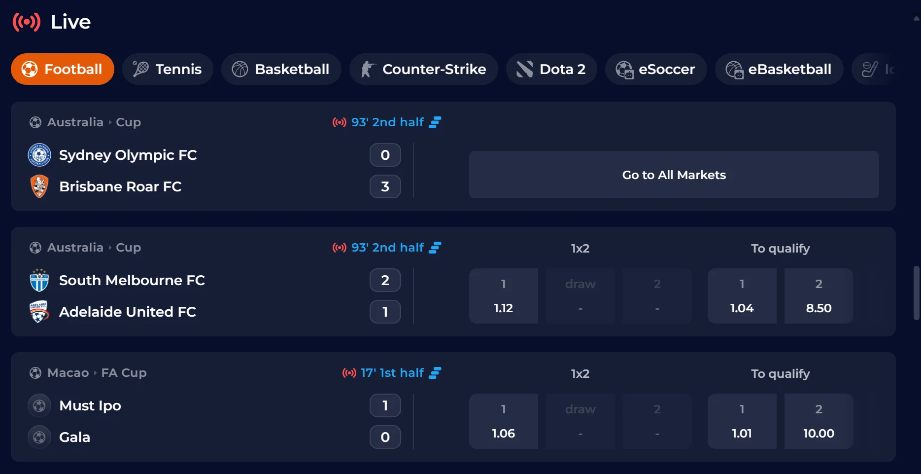 NineCasino sports betting with live markets and bet slip