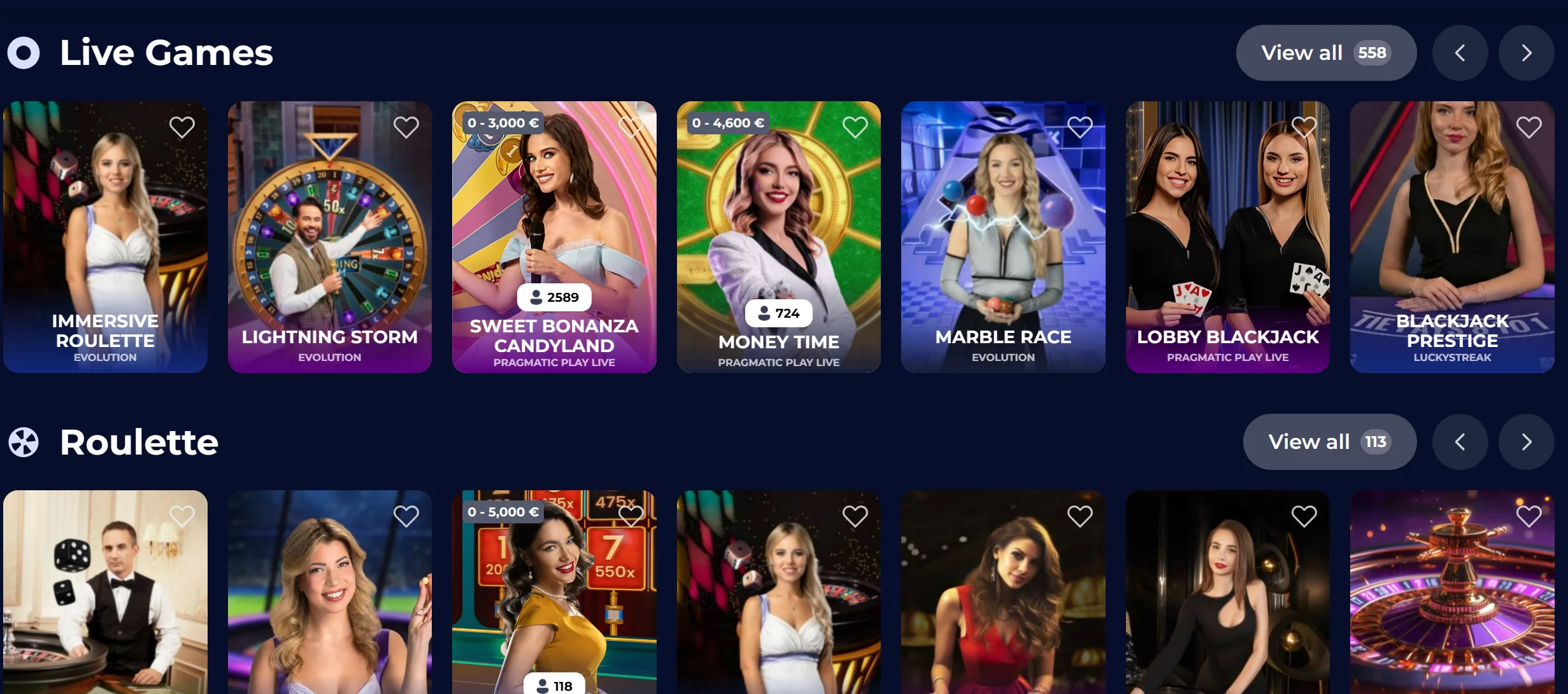 NineCasino game lobby with casino categories