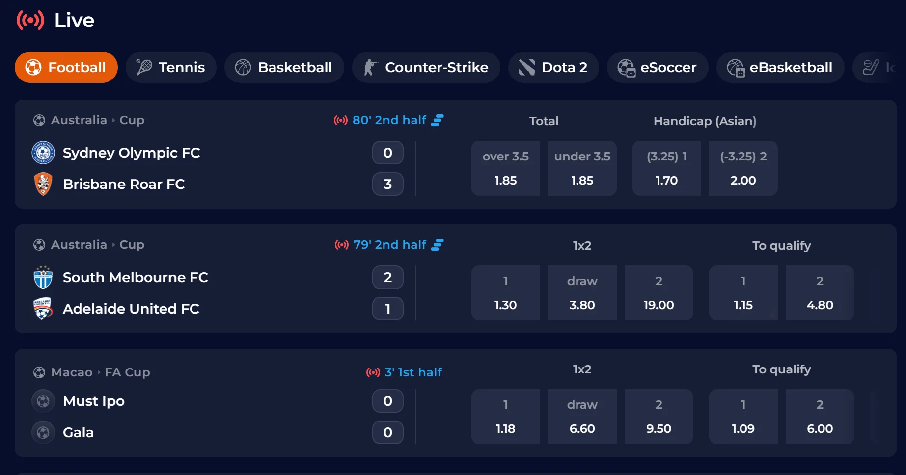 Live betting interface with changing markets and odds