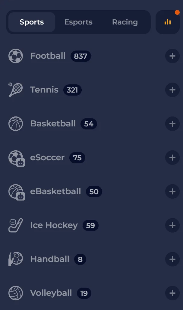 Sportsbook layout with sports menu and events