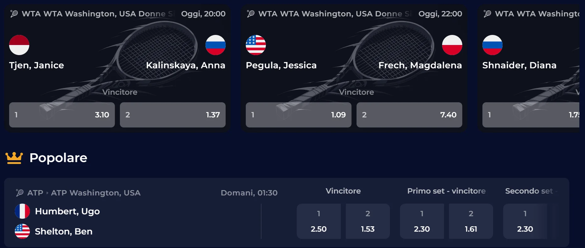 Menu degli eventi eSport disponibili