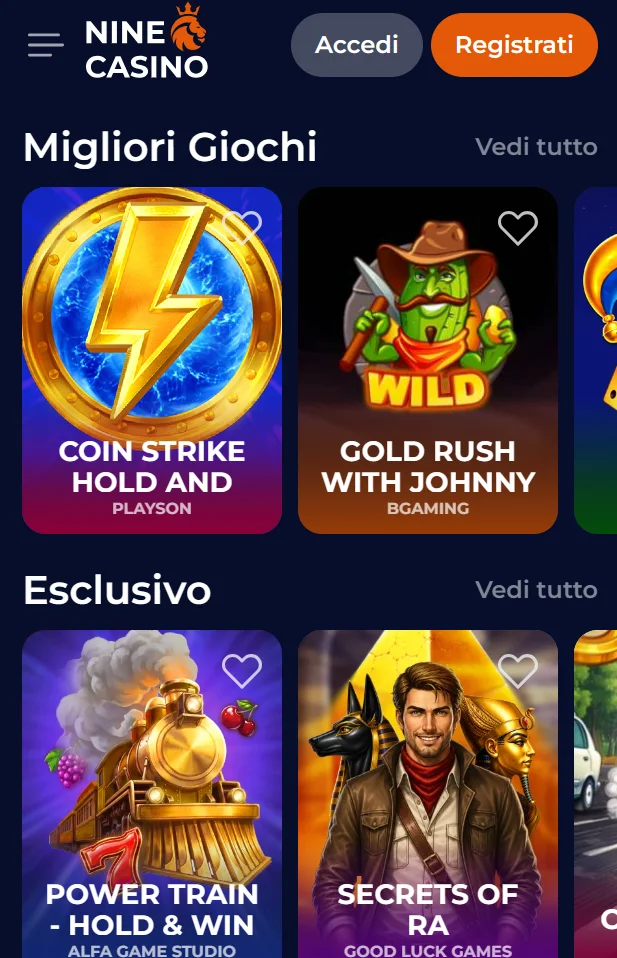 Giochi disponibili nella lobby di NineCasino