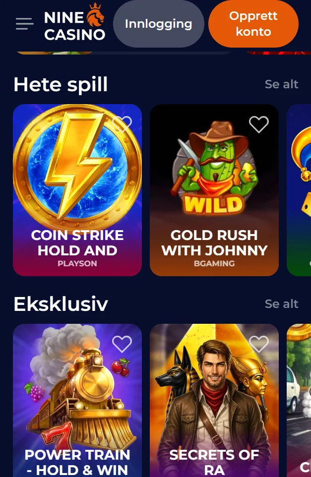 Kategorier for spill hos NineCasino