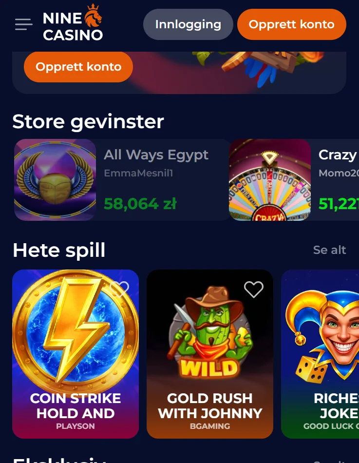 Mobilopplevelse hos NineCasino