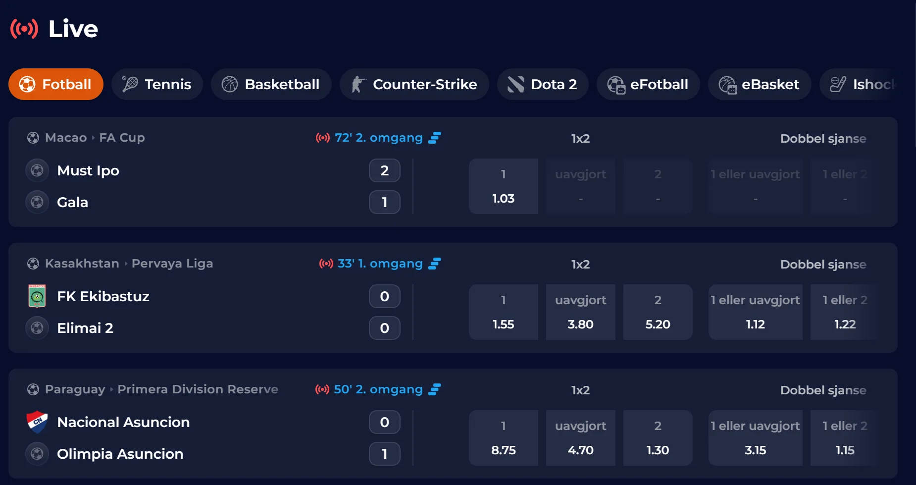 Livebetting med oppdaterte markeder hos NineCasino