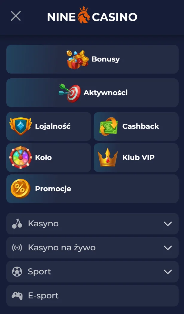 Mobilny interfejs NineCasino w przeglądarce urządzenia