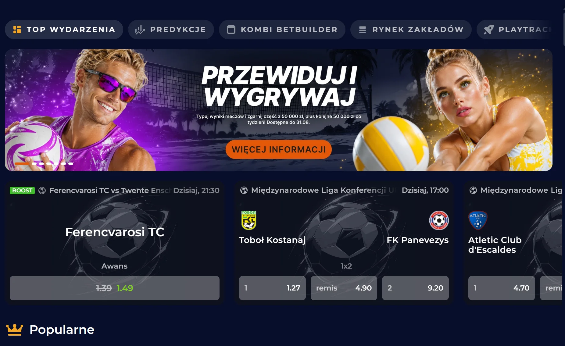 Ekran zakładów sportowych NineCasino z kursami