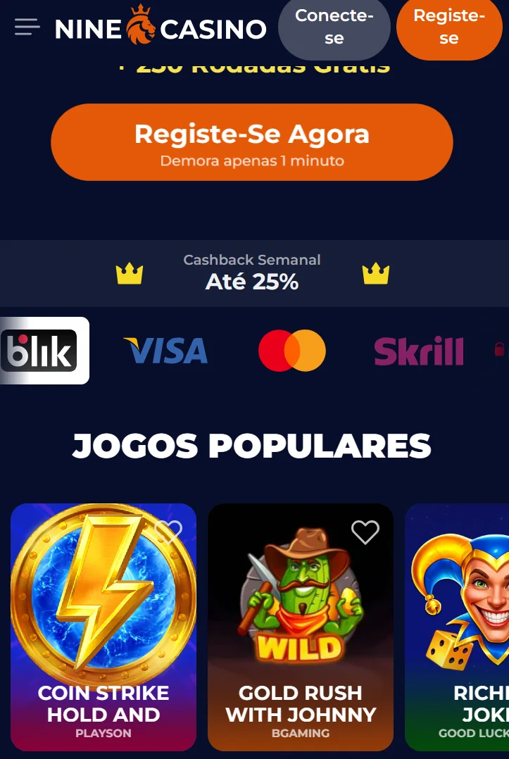 Experiência móvel do NineCasino