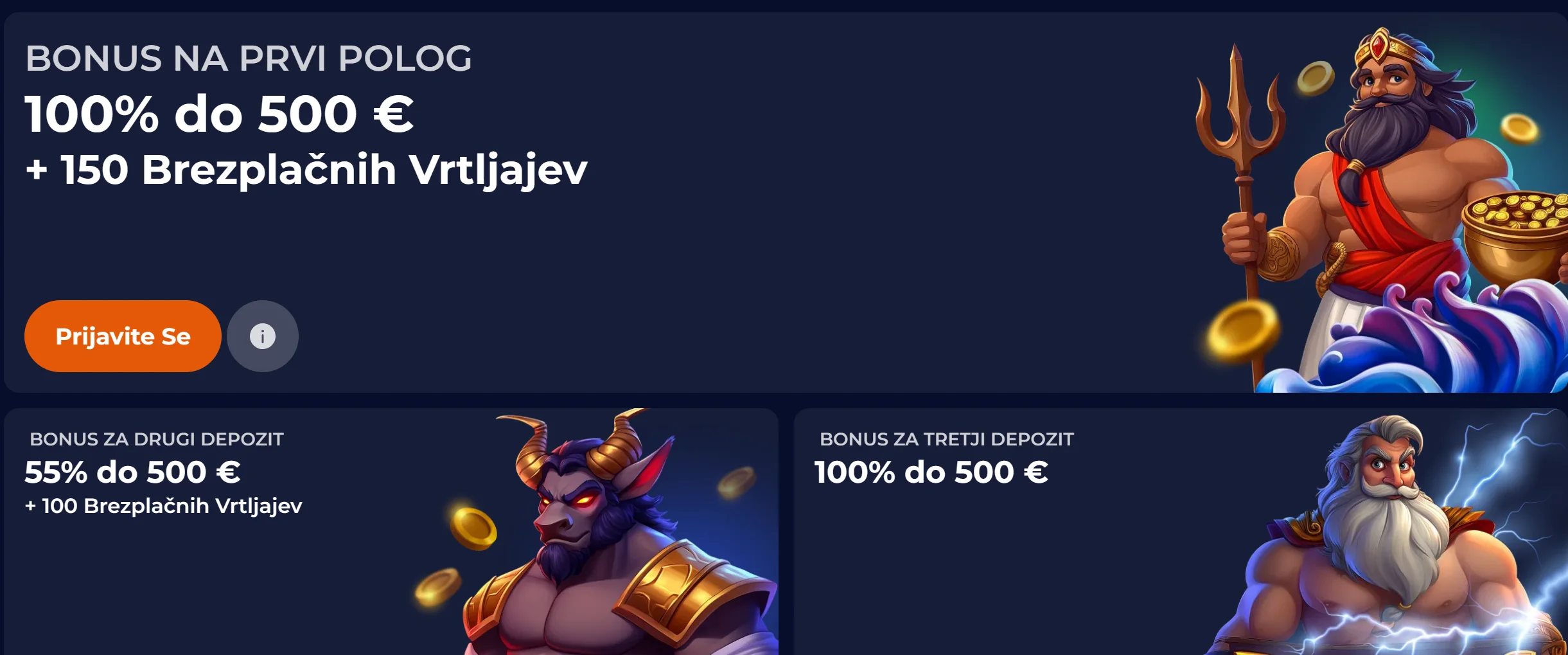 Dobrodošlica NineCasino s tremi pologi