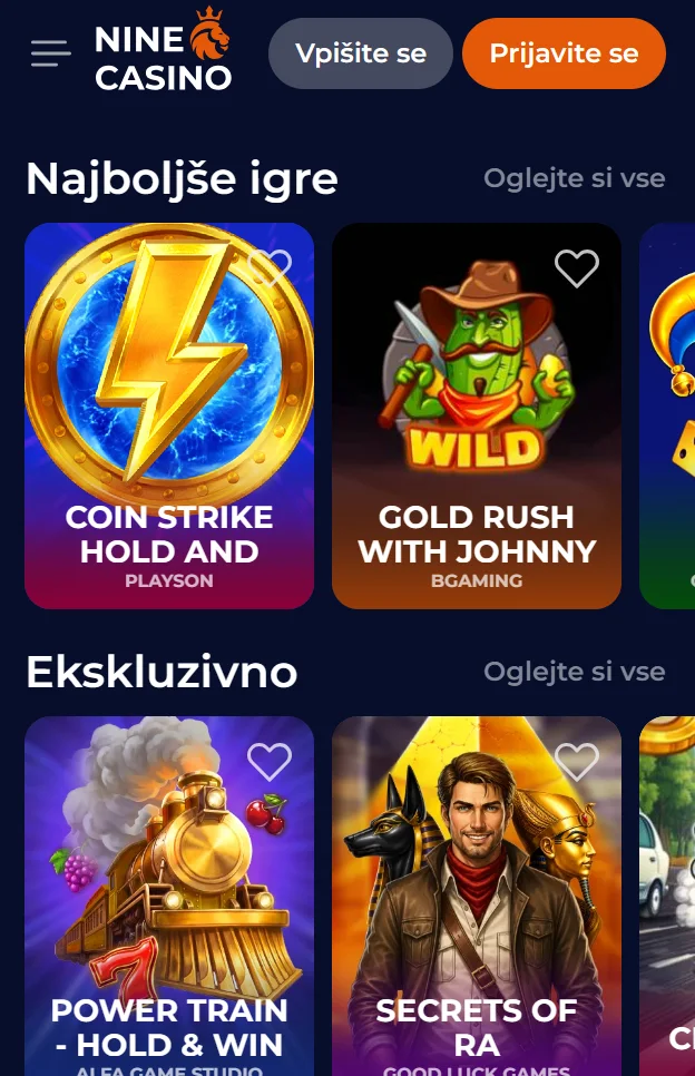 Vmesnik NineCasino v temnih tonih