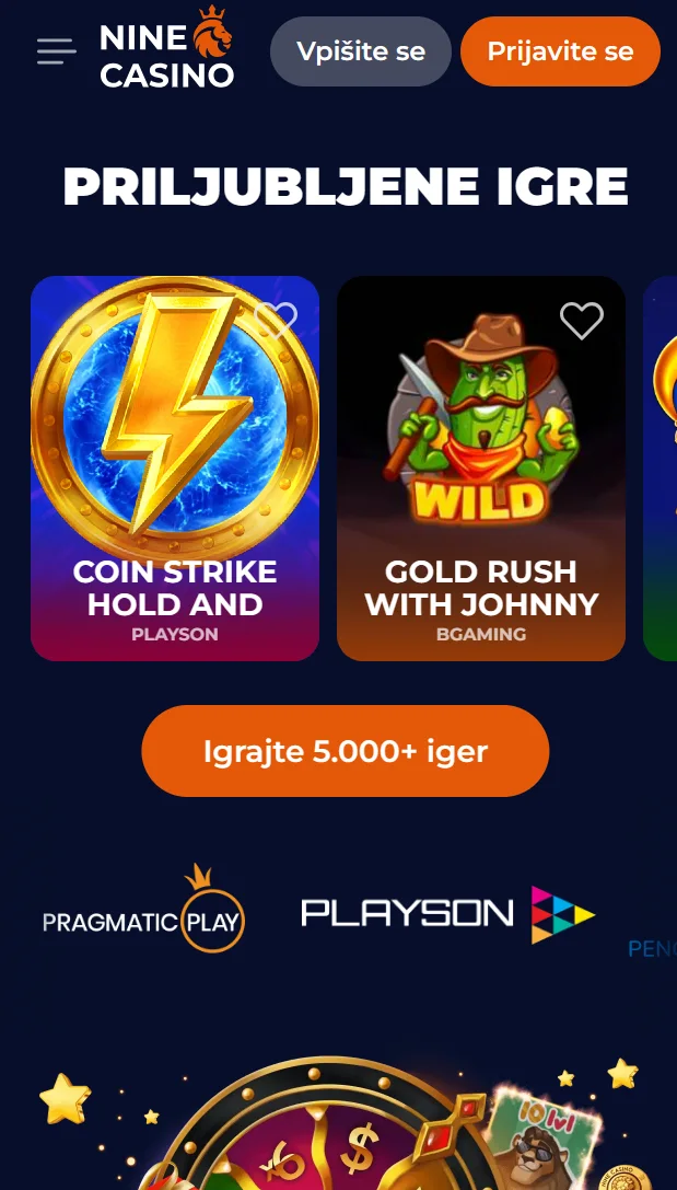 Igre in živa igralnica NineCasino