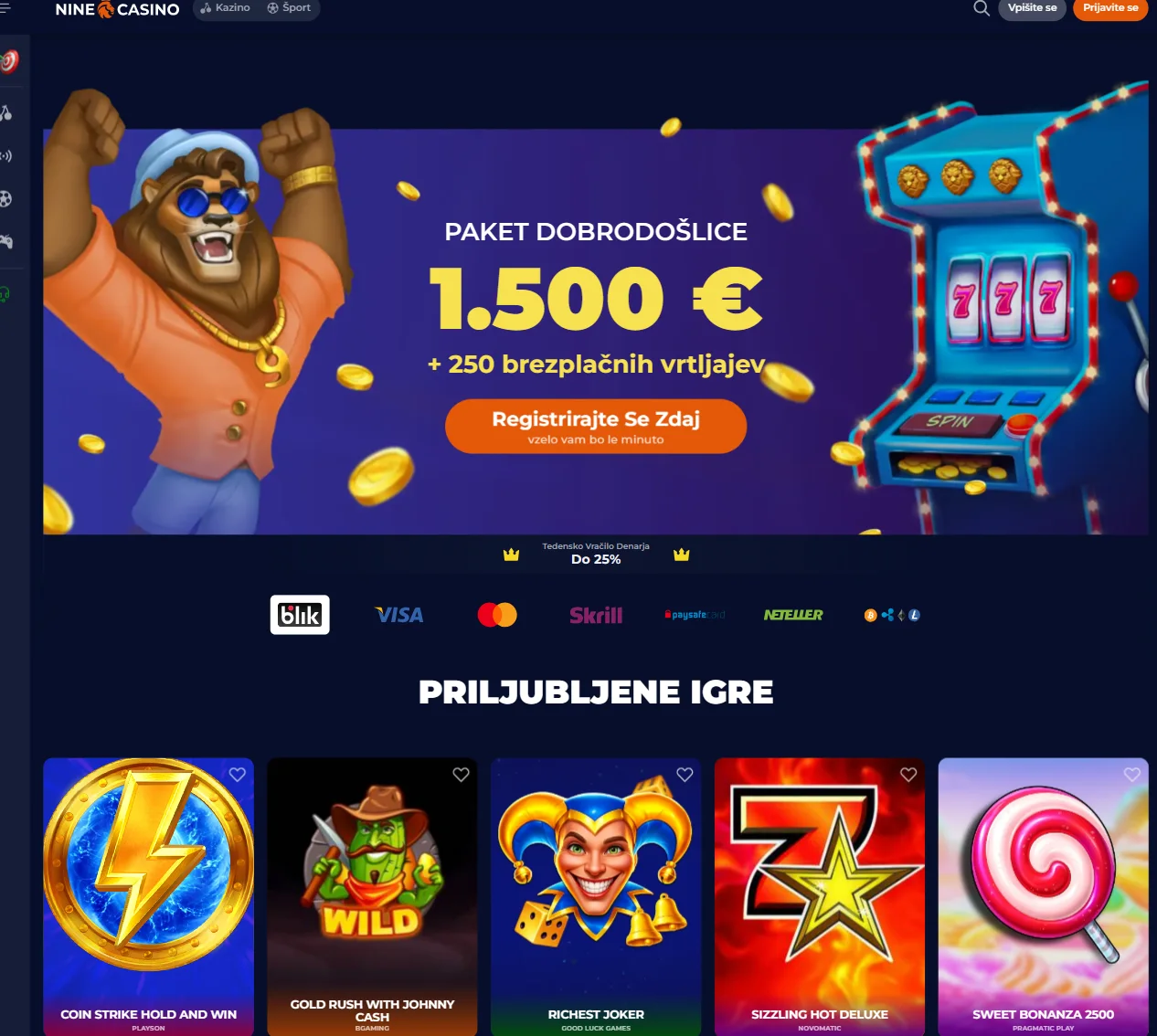 Pregled NineCasino ponudbe